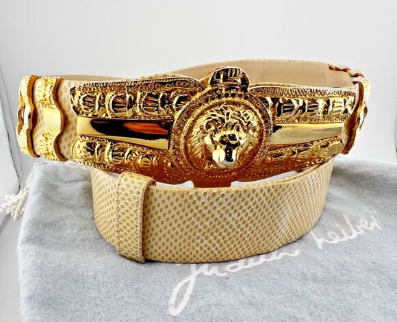 Vtg Judith Leiber Karung Snakeskin Leather Statement Belt Gold Lion Buckle w/Box main image 9